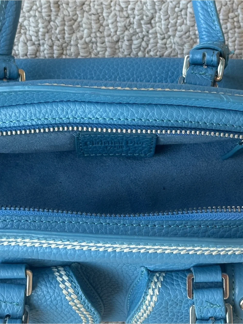 Dior Blue Pebbled Leather Satchel with Front Flaps